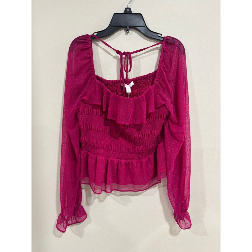 LC Lauren Conrad L Fuchsia Smocked Ruffle Sheer Mesh Peplum Blouse Top Romantic